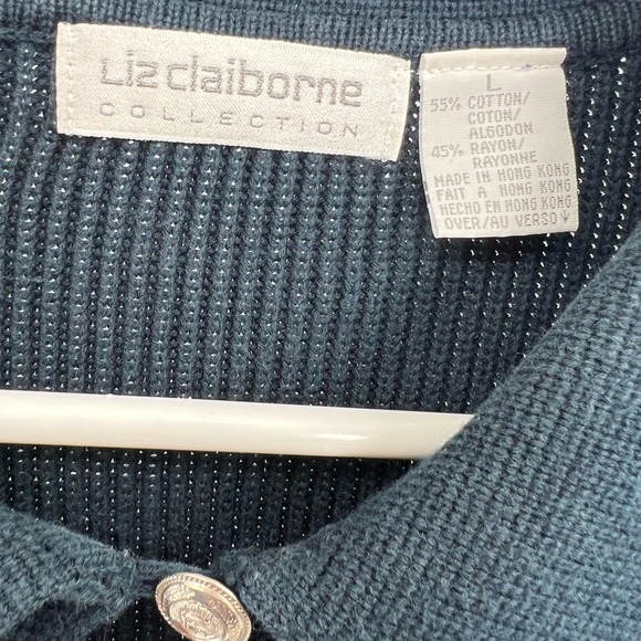 Liz Claiborne Collection L cotton rayon collared keyhole sweater navy casual - Picture 3 of 8